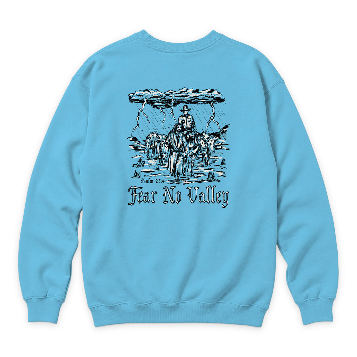 Fear No Valley Crewneck — Ocean Blue — back view on white