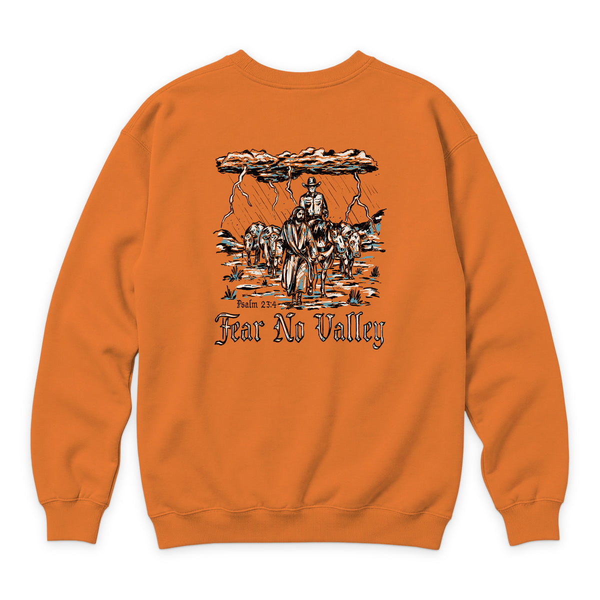 Fear No Valley Crewneck — Carrot — back view on white