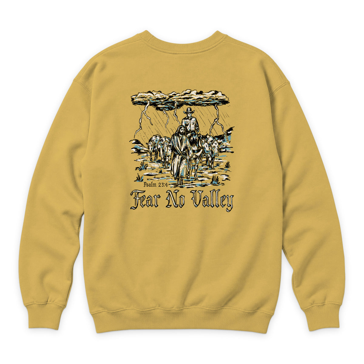 Fear No Valley Crewneck — Antique Gold — back view on white
