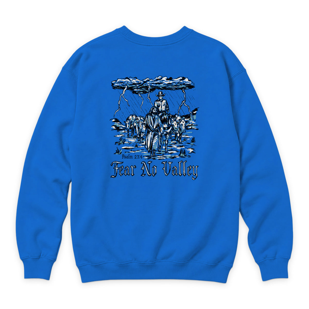 Fear No Valley Crewneck — True Royal — back view on white
