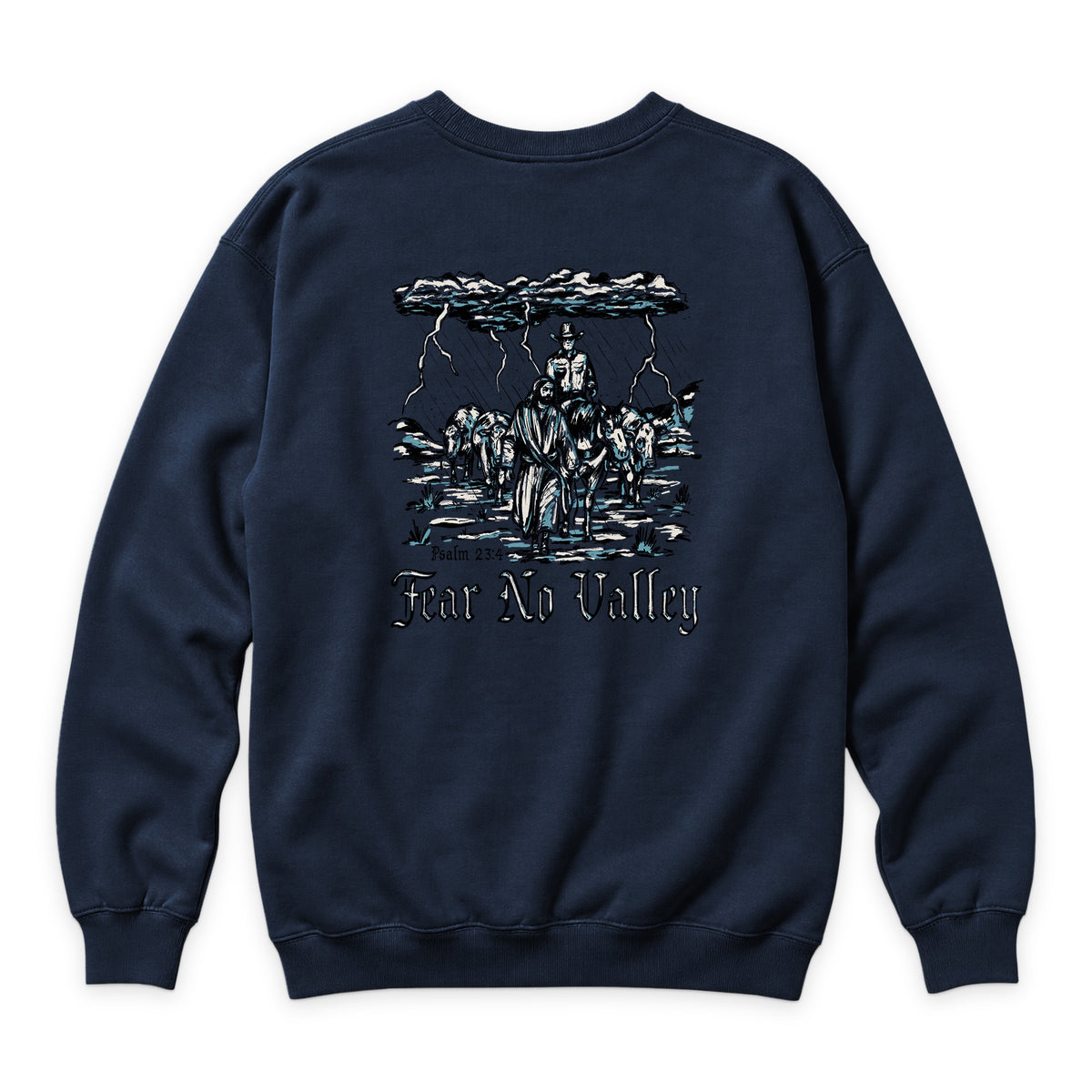 Fear No Valley Crewneck — Navy — back view on white