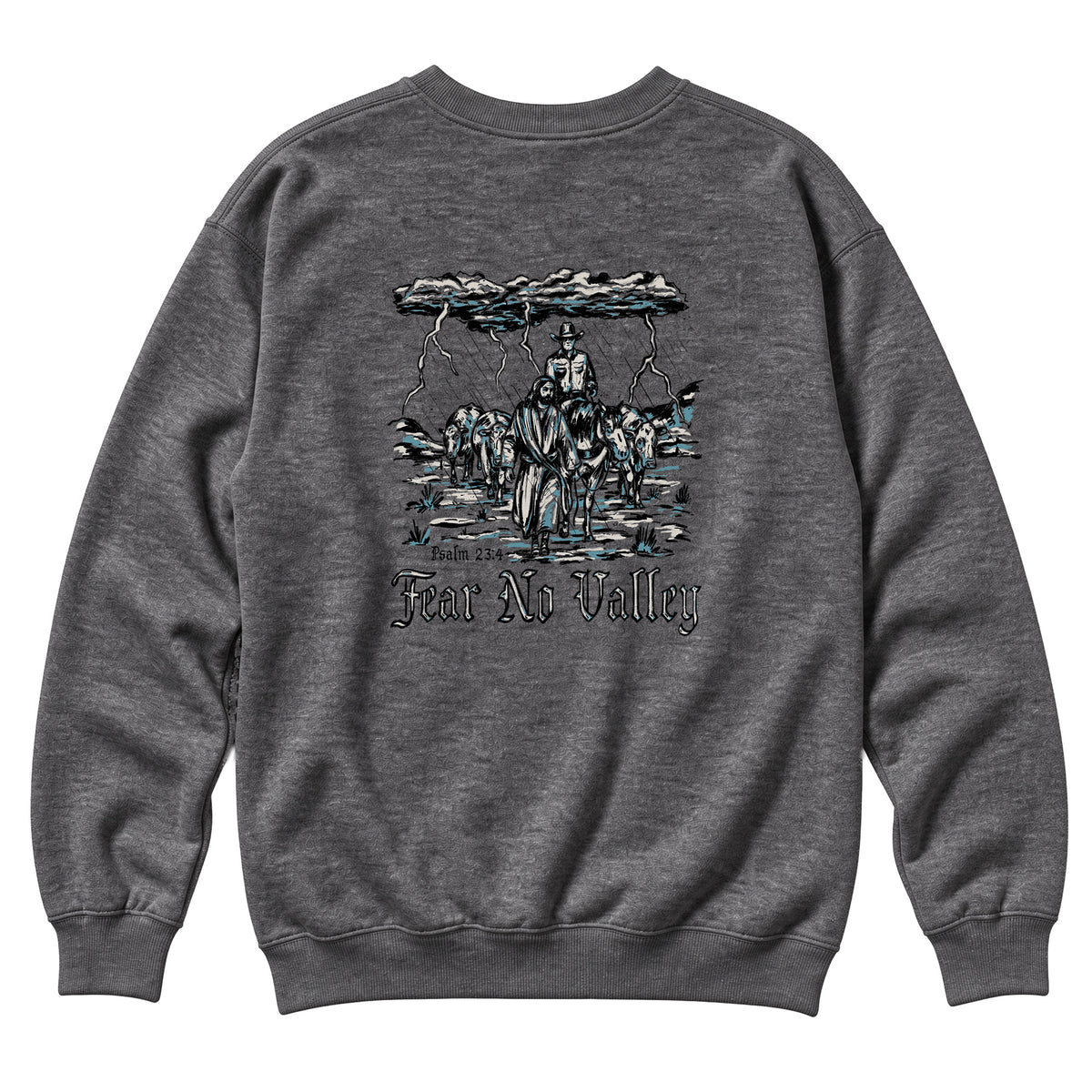 Fear No Valley Crewneck / Charcoal Heather / back on white