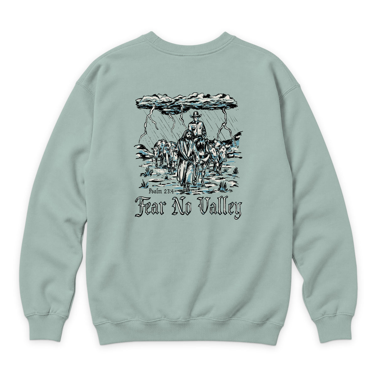 Fear No Valley Crewneck — Seafoam — back view on white