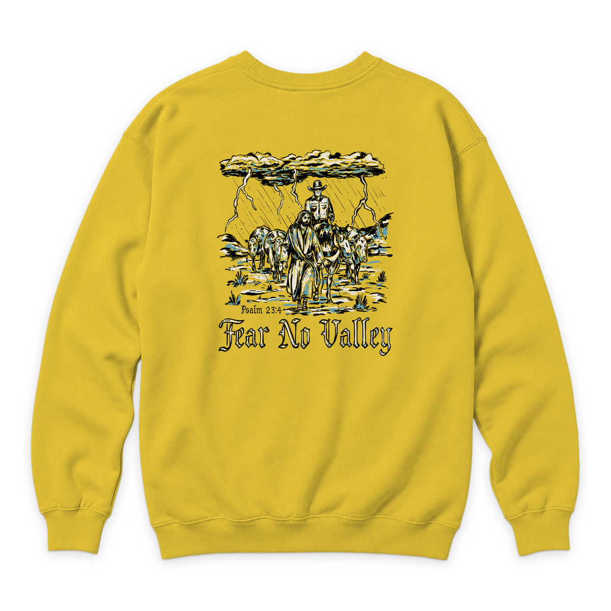 Fear No Valley Crewneck — Lemon — back view on white