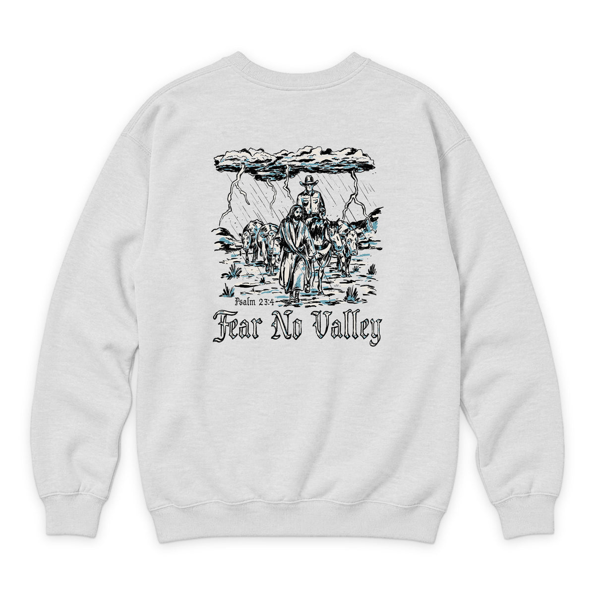 Fear No Valley Crewneck — Oatmeal Heather — back view on white