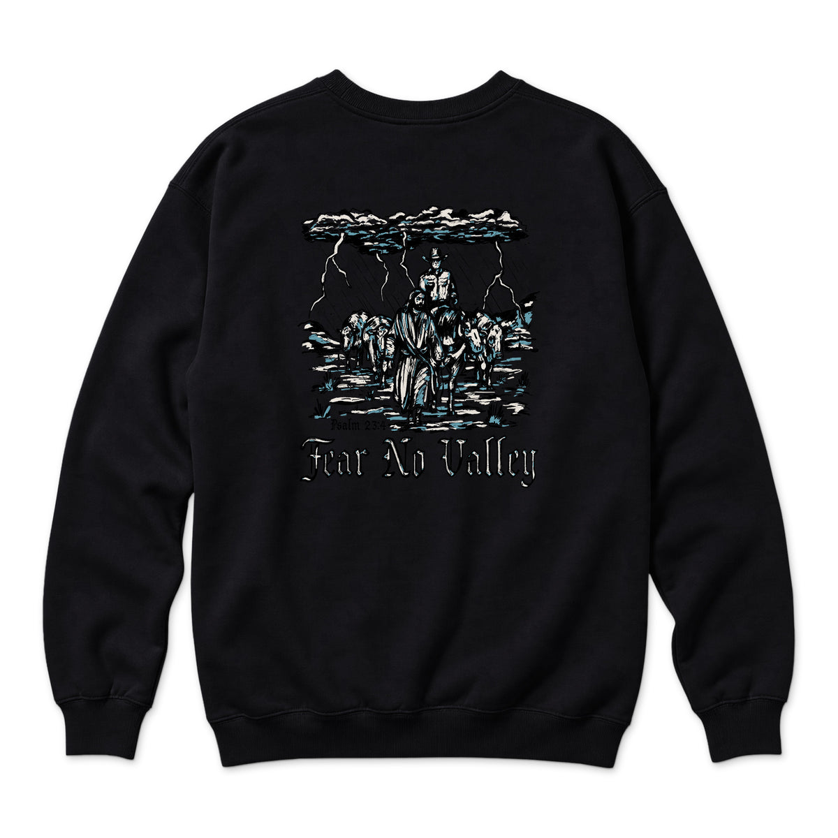Fear No Valley Crewneck — Black — back view on white