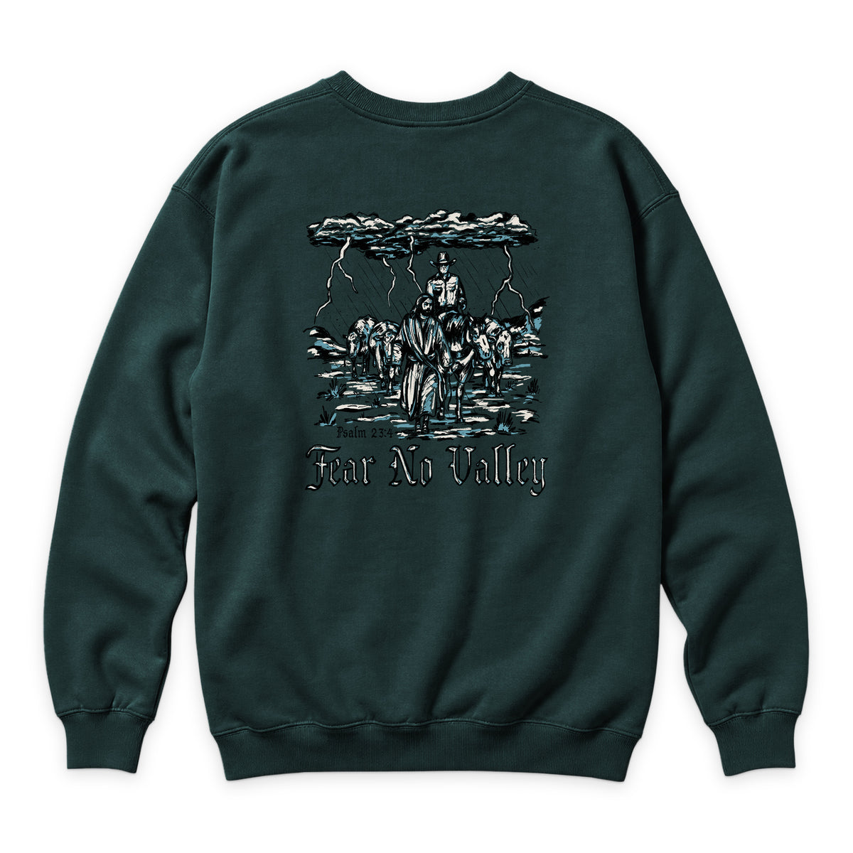 Fear No Valley Crewneck — Sports Green — back view on white