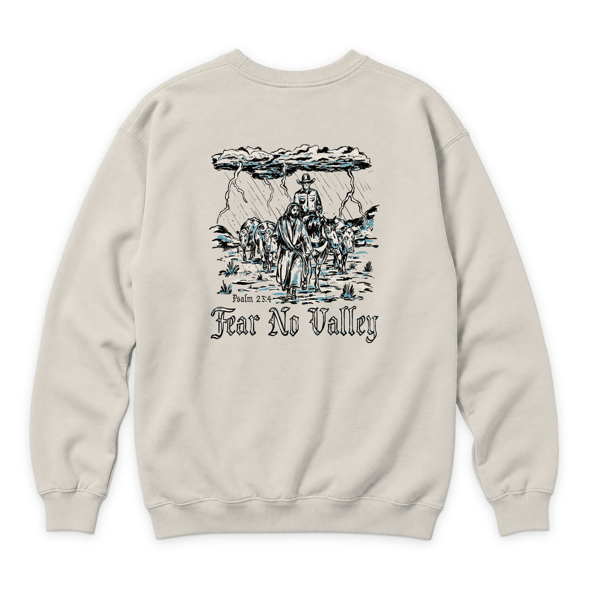 Fear No Valley Crewneck — Sandshell — back view on white