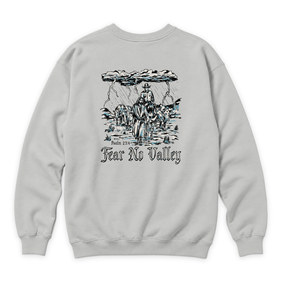 Fear No Valley Crewneck — Dove Grey — back view on white