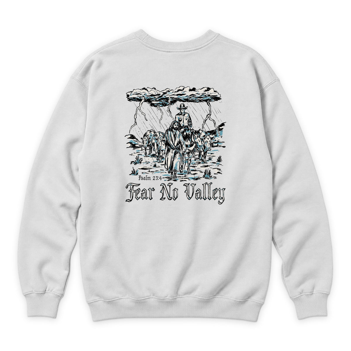Fear No Valley Crewneck — White — back view on white