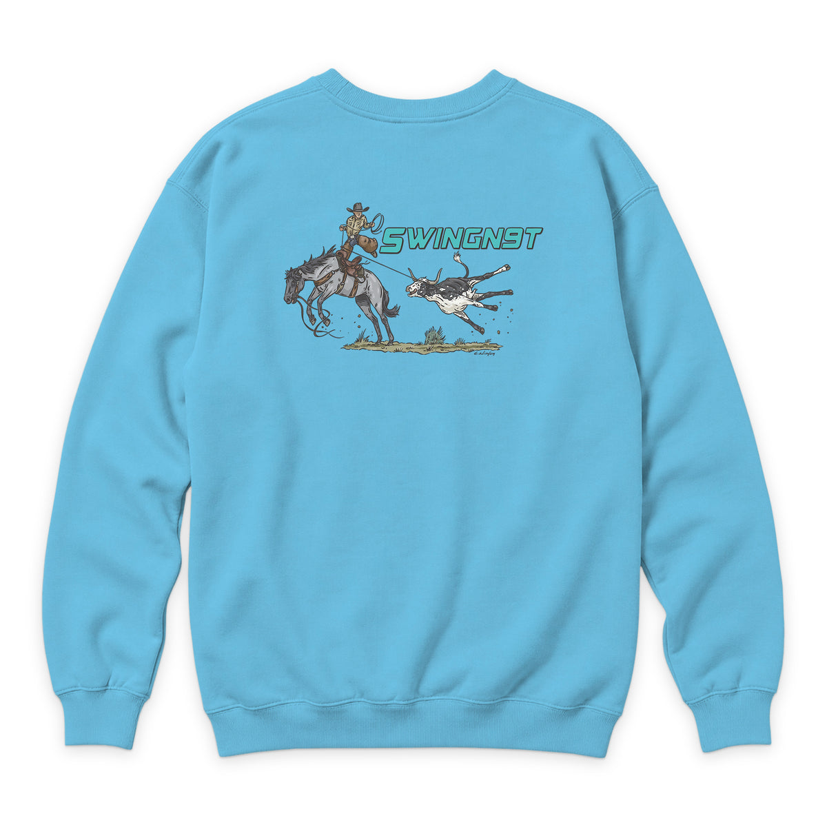 Dally Em Up Crewneck — Ocean Blue — back view on white