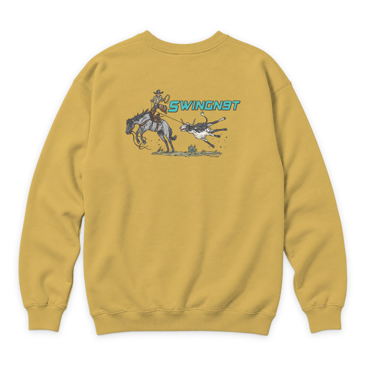 Dally Em Up Crewneck — Antique Gold — back view on white