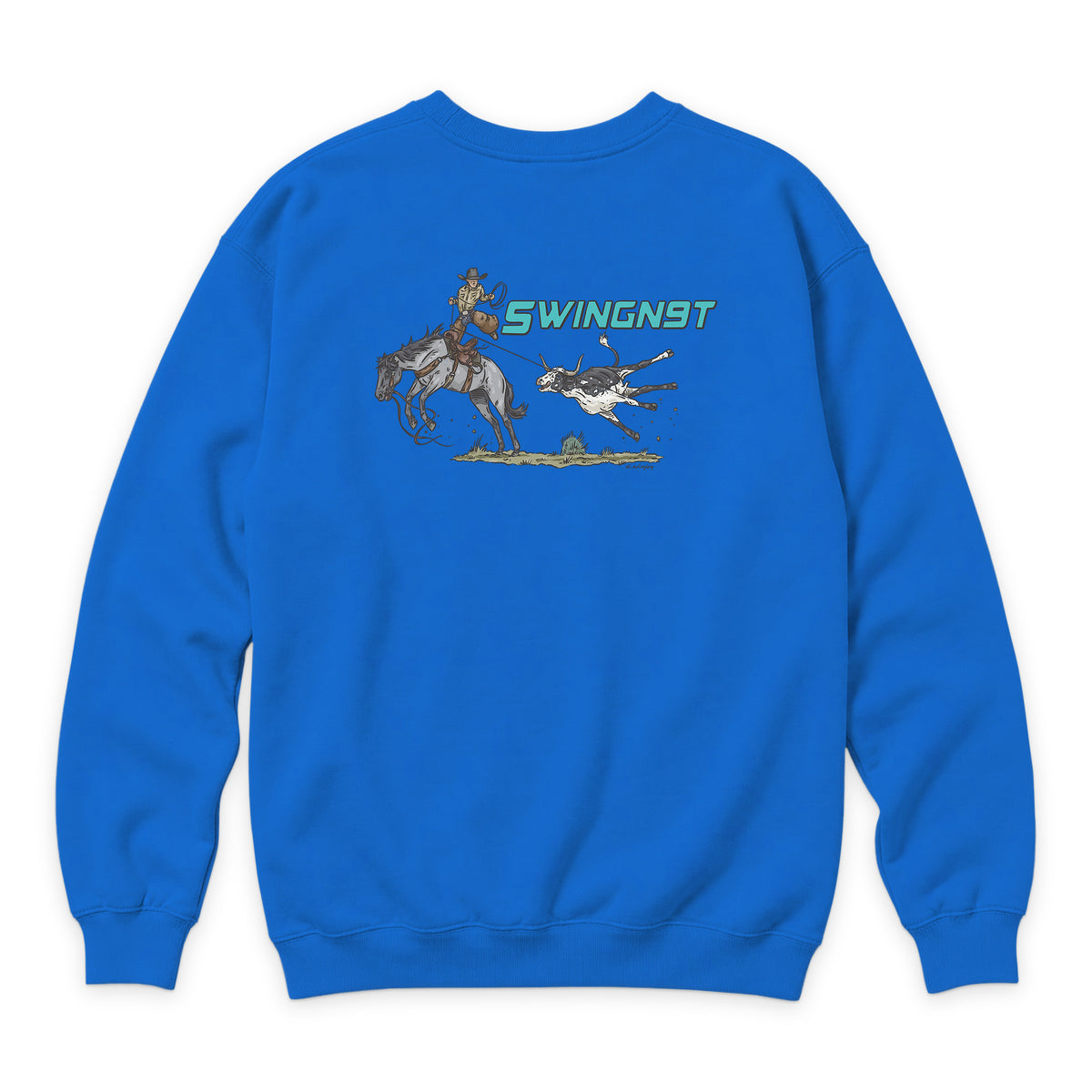 Dally Em Up Crewneck — True Royal — back view on white
