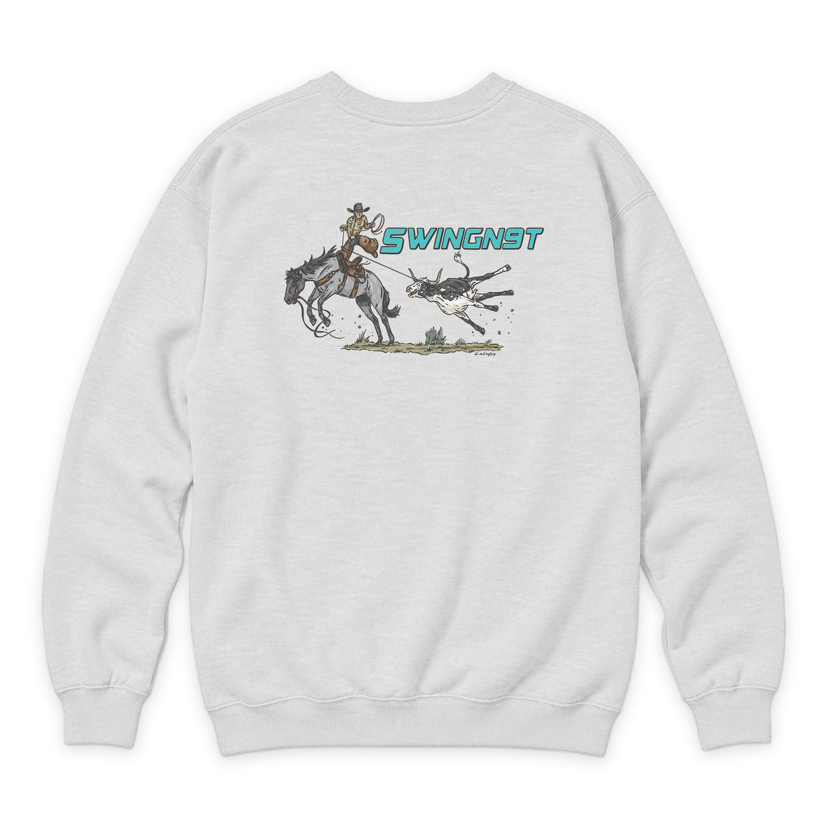 Dally Em Up Crewneck — Oatmeal Heather — back view on white