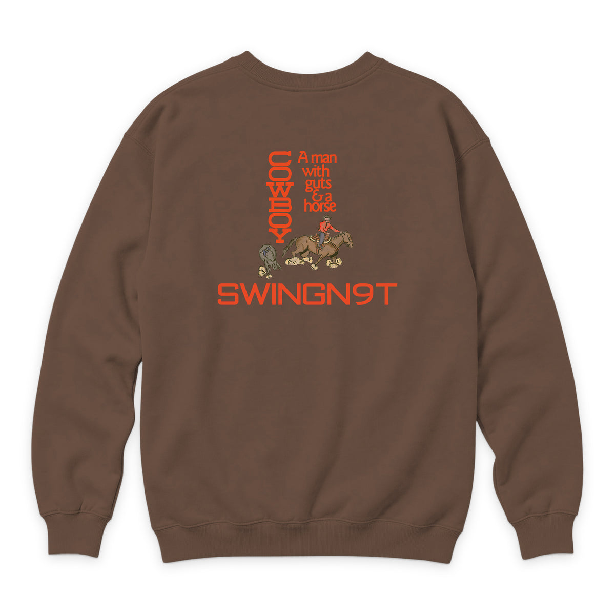 Cowboy Guts Crewneck — Chestnut — back view on white