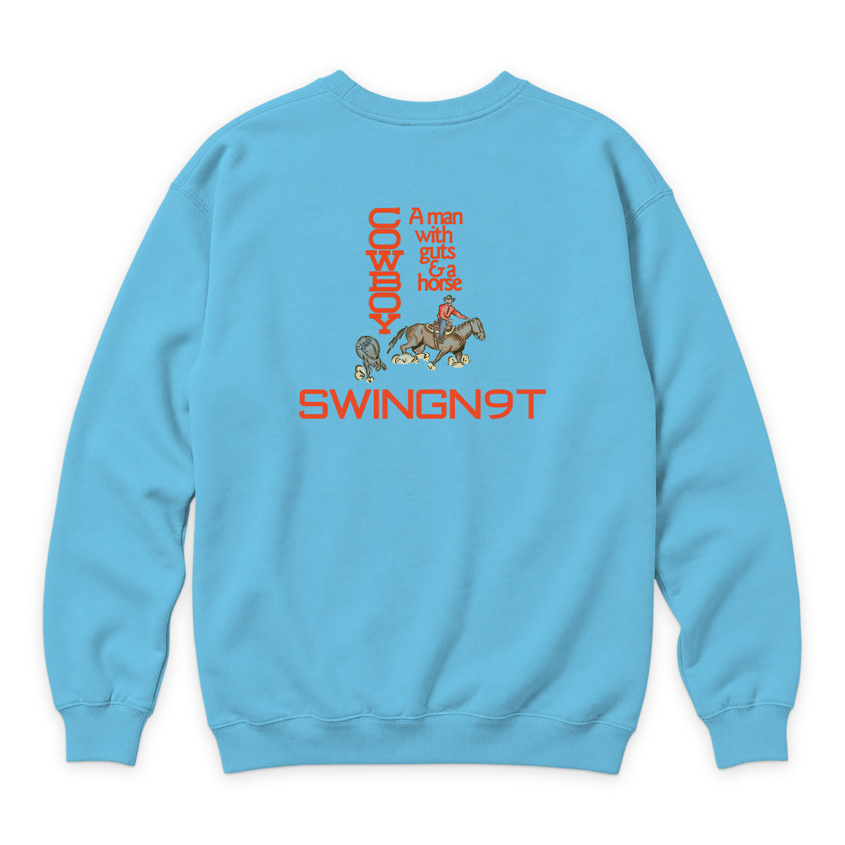 Cowboy Guts Crewneck — Ocean Blue — back view on white