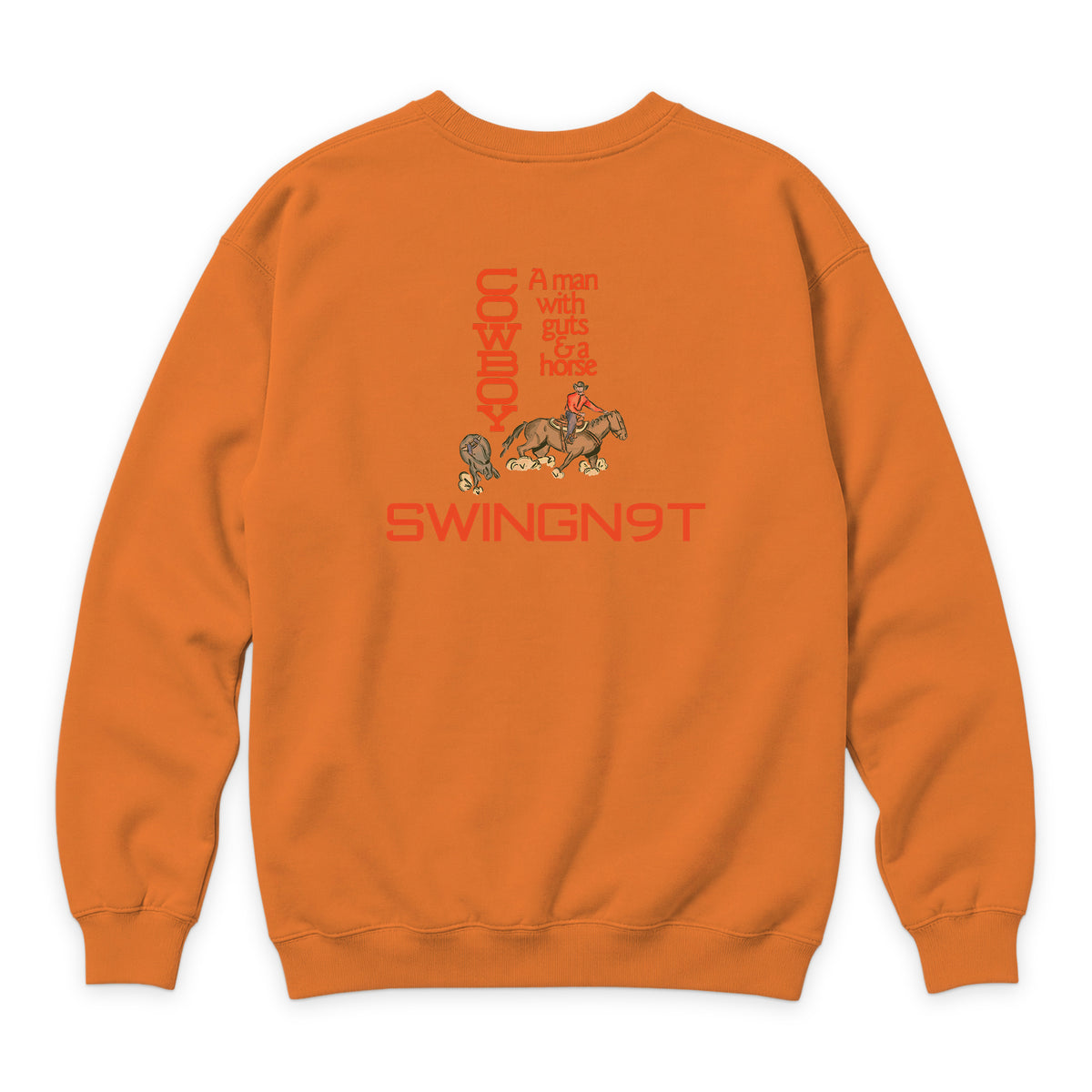 Cowboy Guts Crewneck — Carrot — back view on white