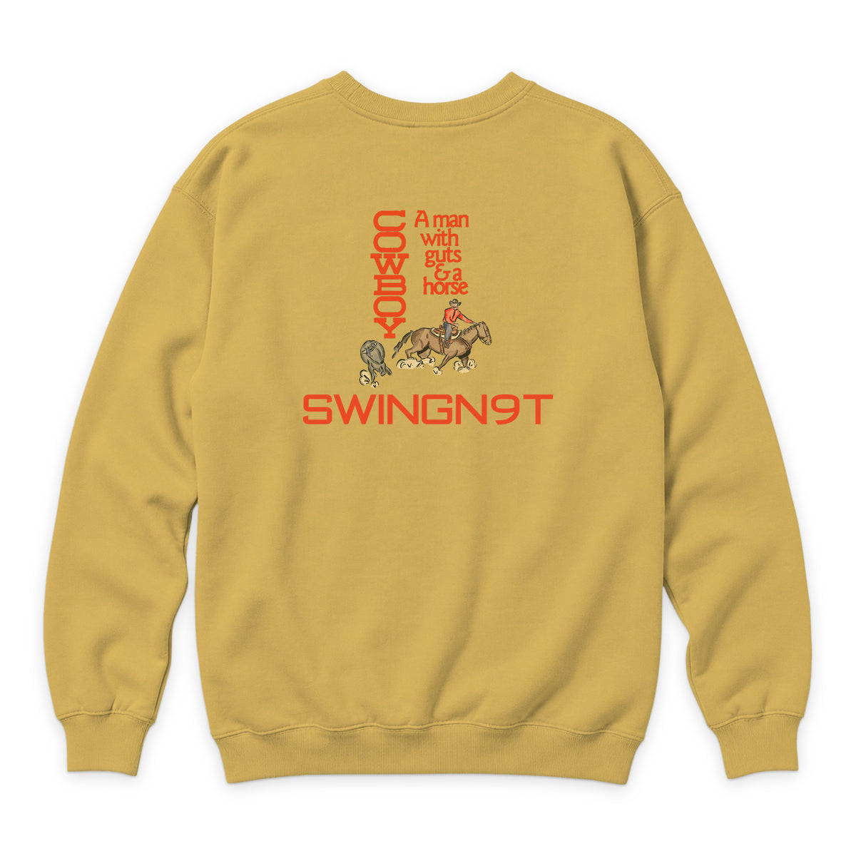 Cowboy Guts Crewneck — Antique Gold — back view on white