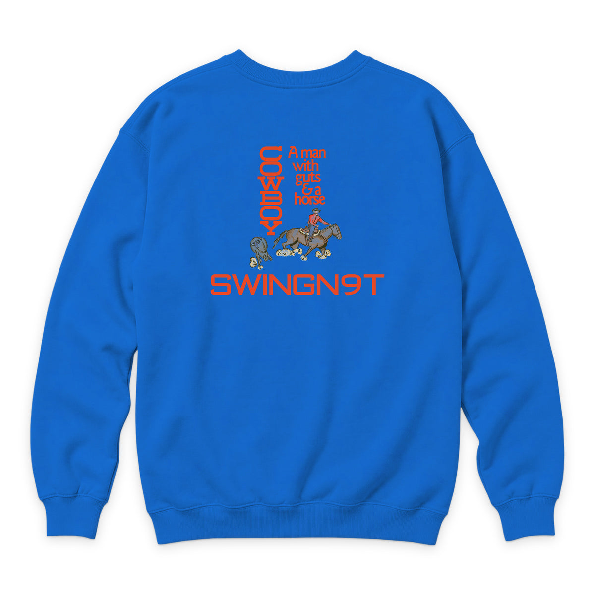 Cowboy Guts Crewneck — True Royal — back view on white