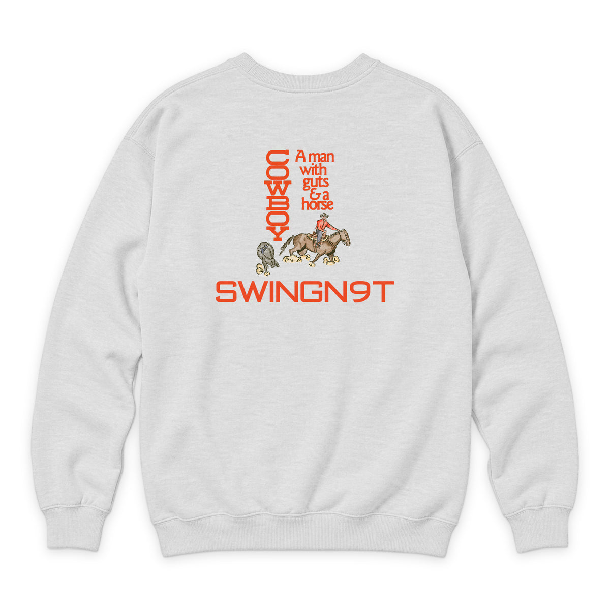 Cowboy Guts Crewneck — Oatmeal Heather — back view on white