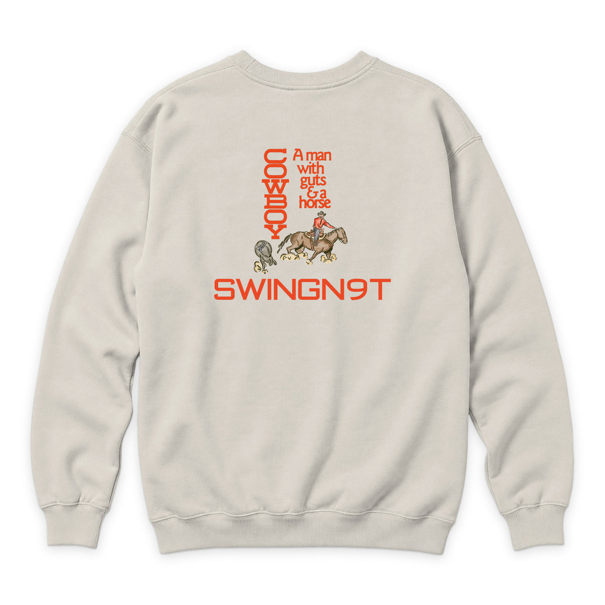 Cowboy Guts Crewneck — Sandshell — back view on white