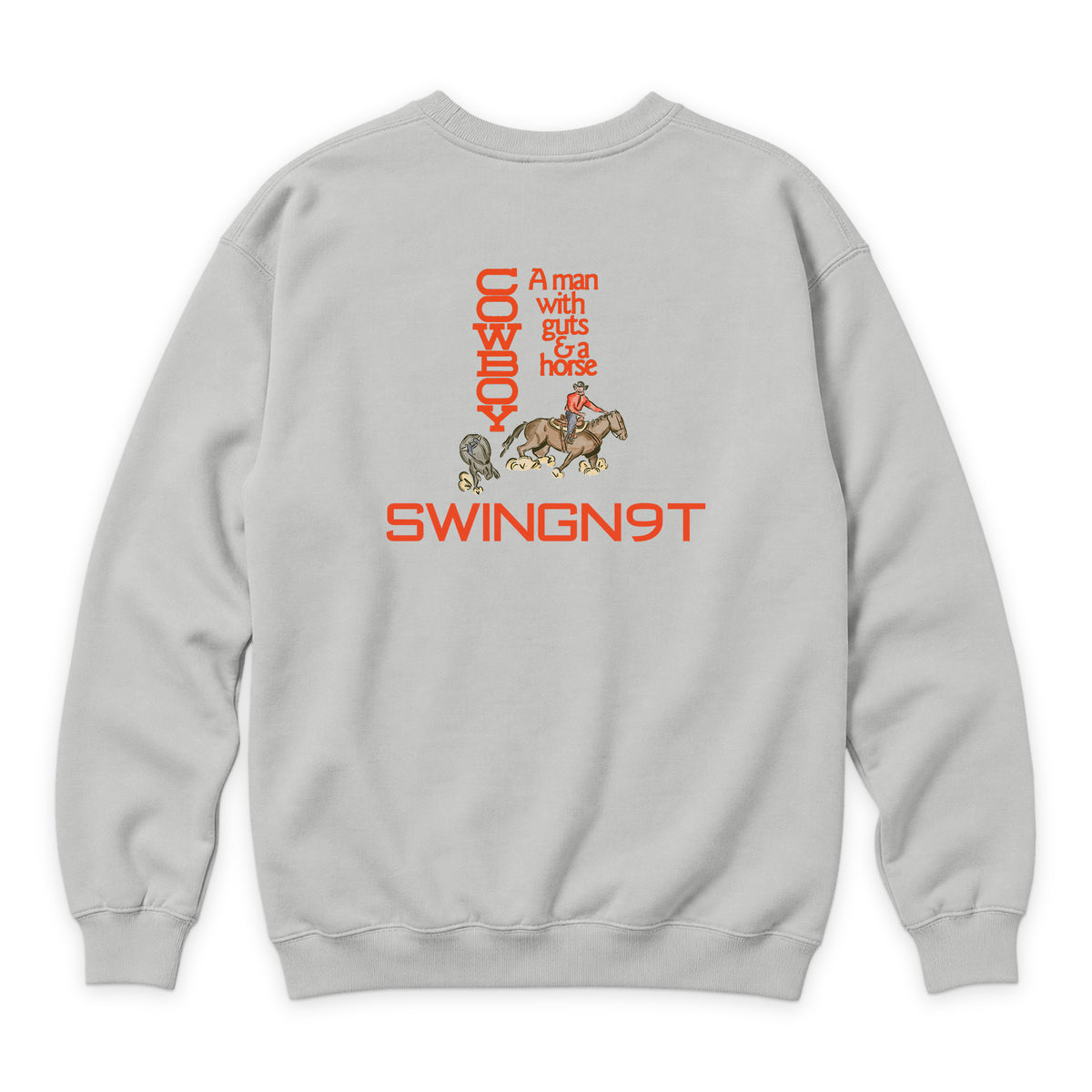 Cowboy Guts Crewneck — Dove Grey — back view on white