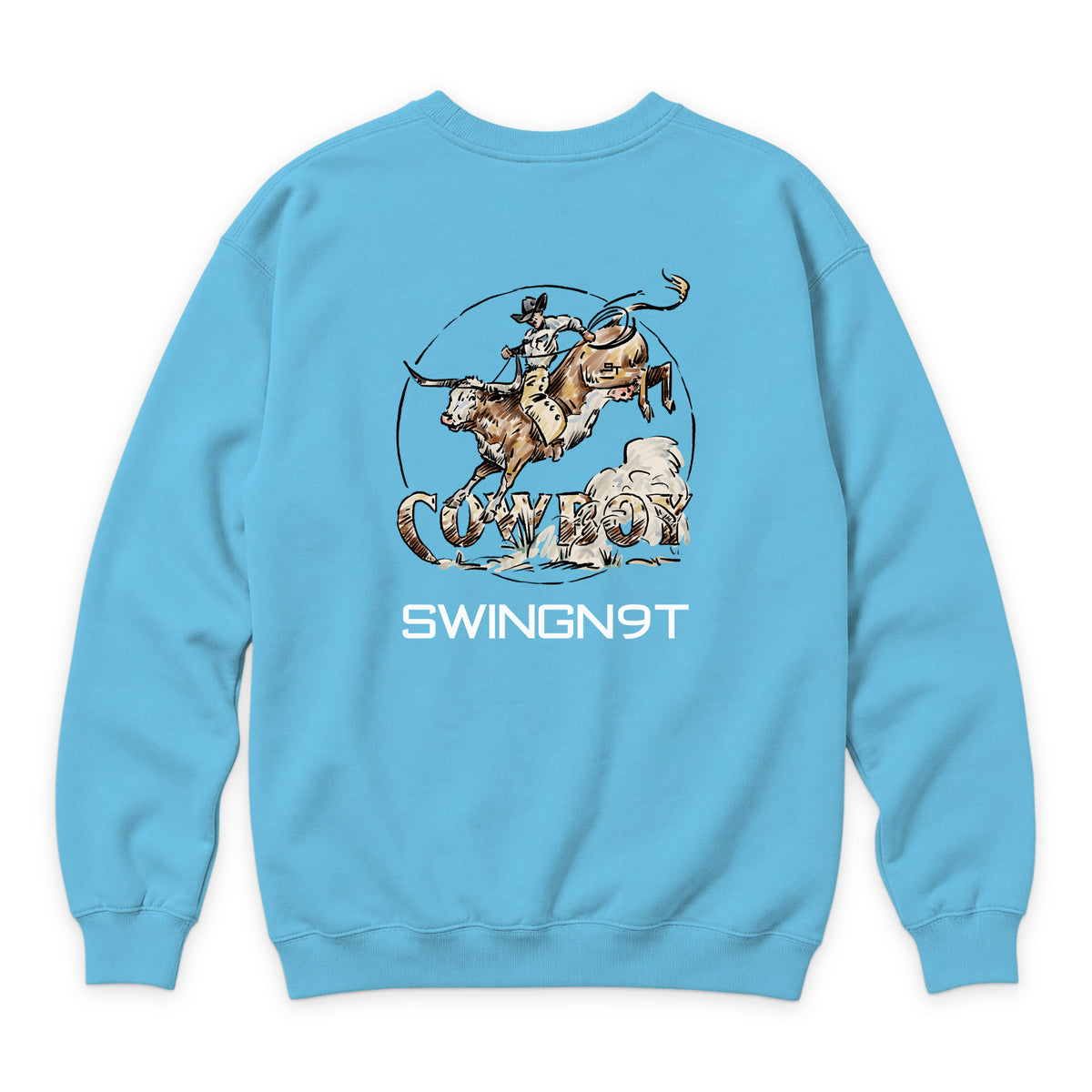 Cowboy Branded Crewneck — Ocean Blue — back view on white