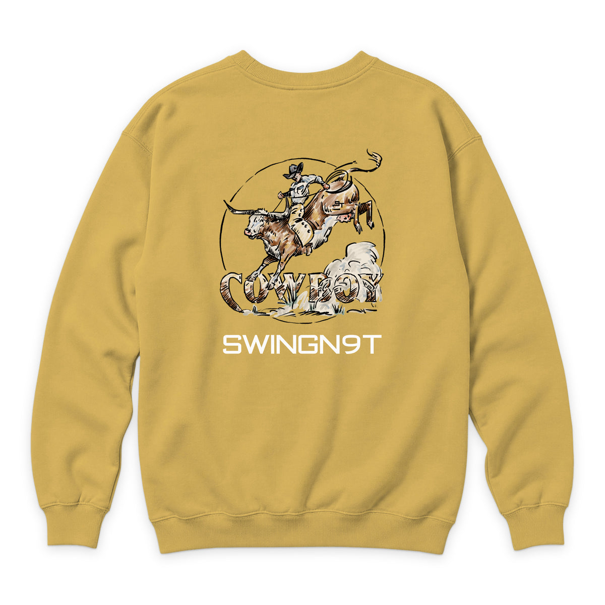 Cowboy Branded Crewneck — Antique Gold — back view on white
