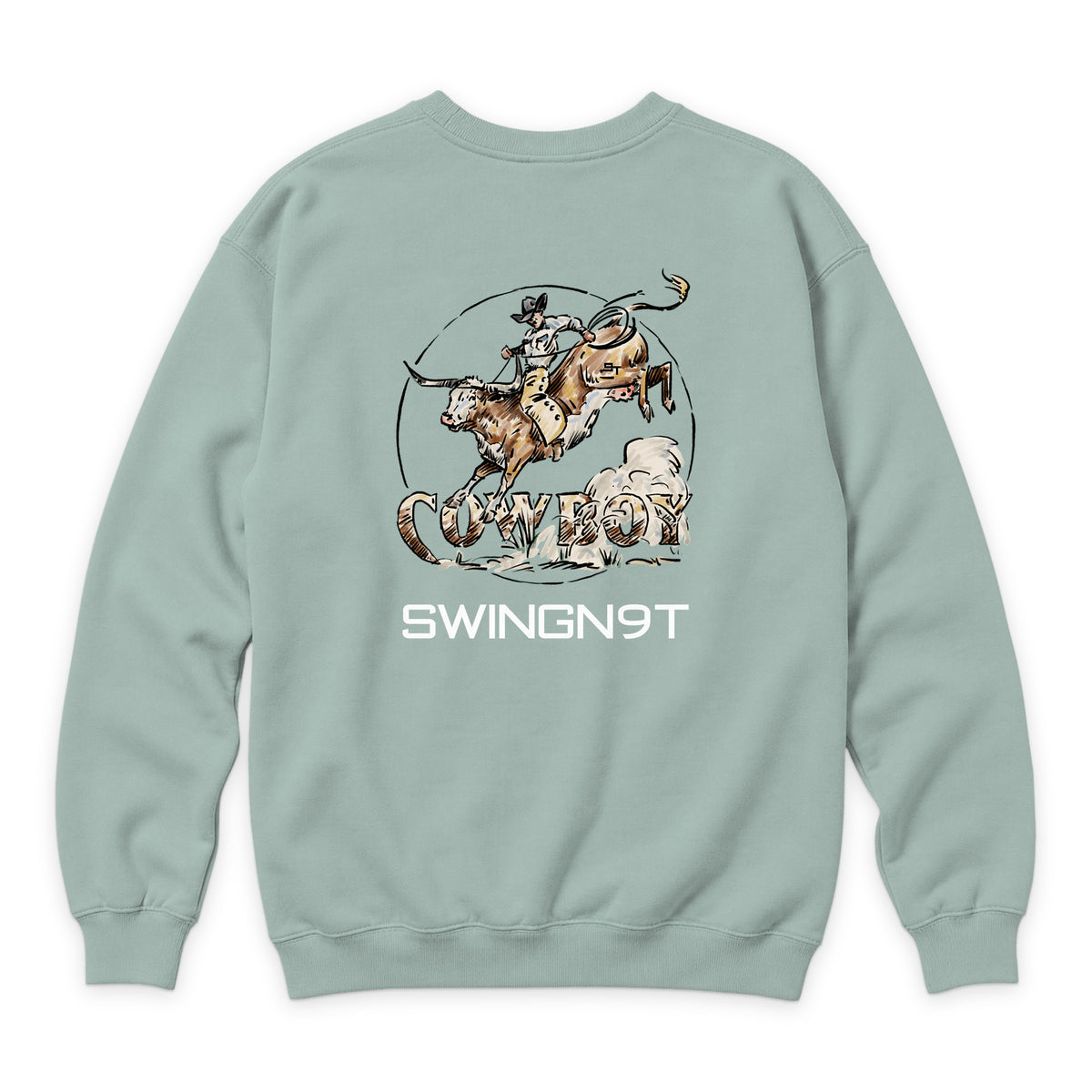 Cowboy Branded Crewneck — Seafoam — back view on white