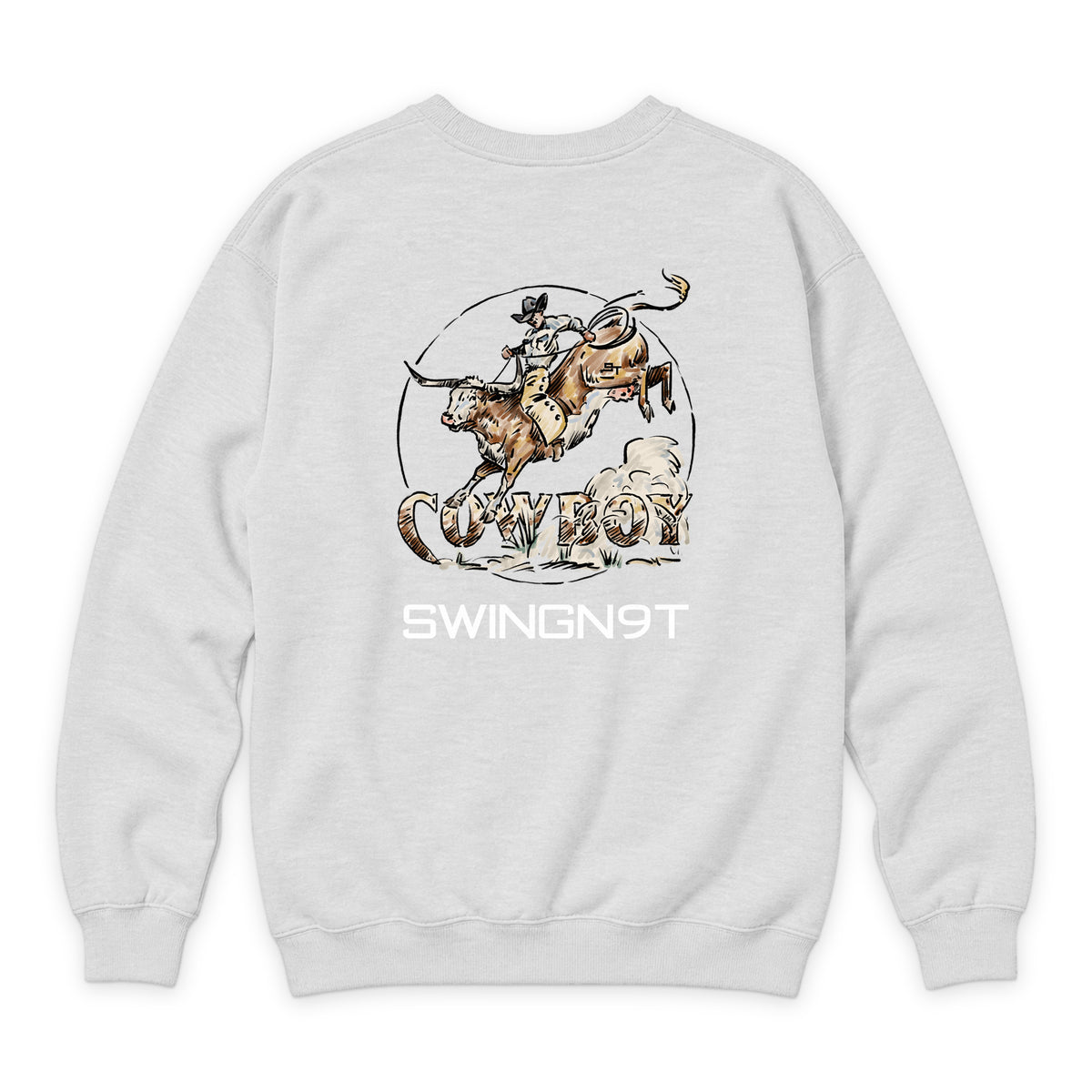 Cowboy Branded Crewneck — Oatmeal Heather — back view on white