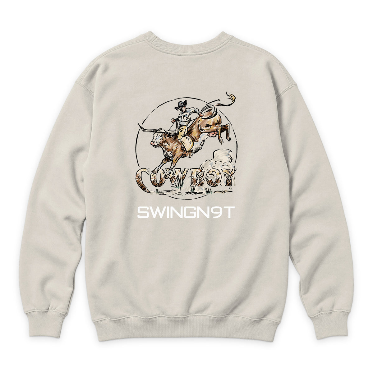 Cowboy Branded Crewneck — Sandshell — back view on white