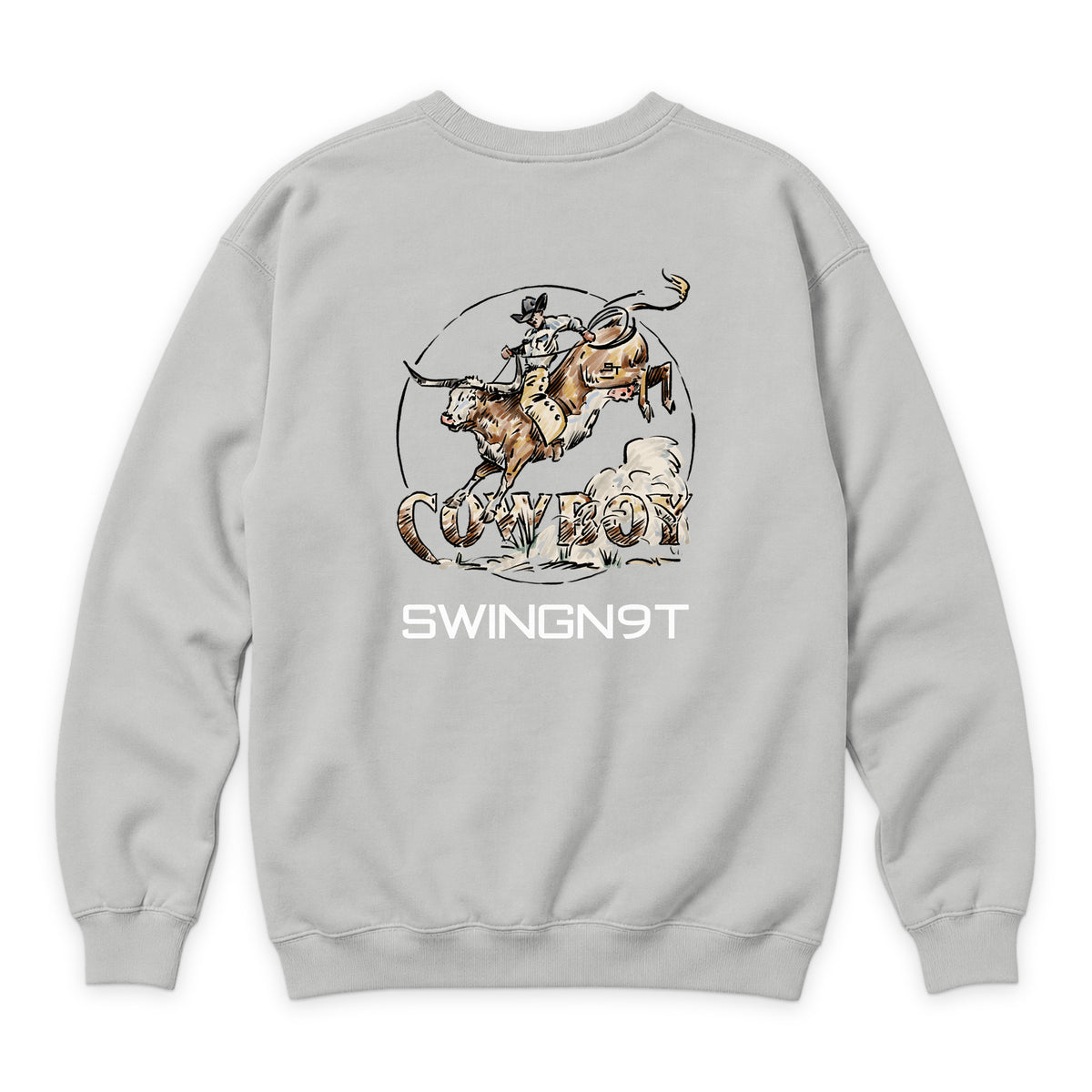 Cowboy Branded Crewneck — Dove Grey — back view on white