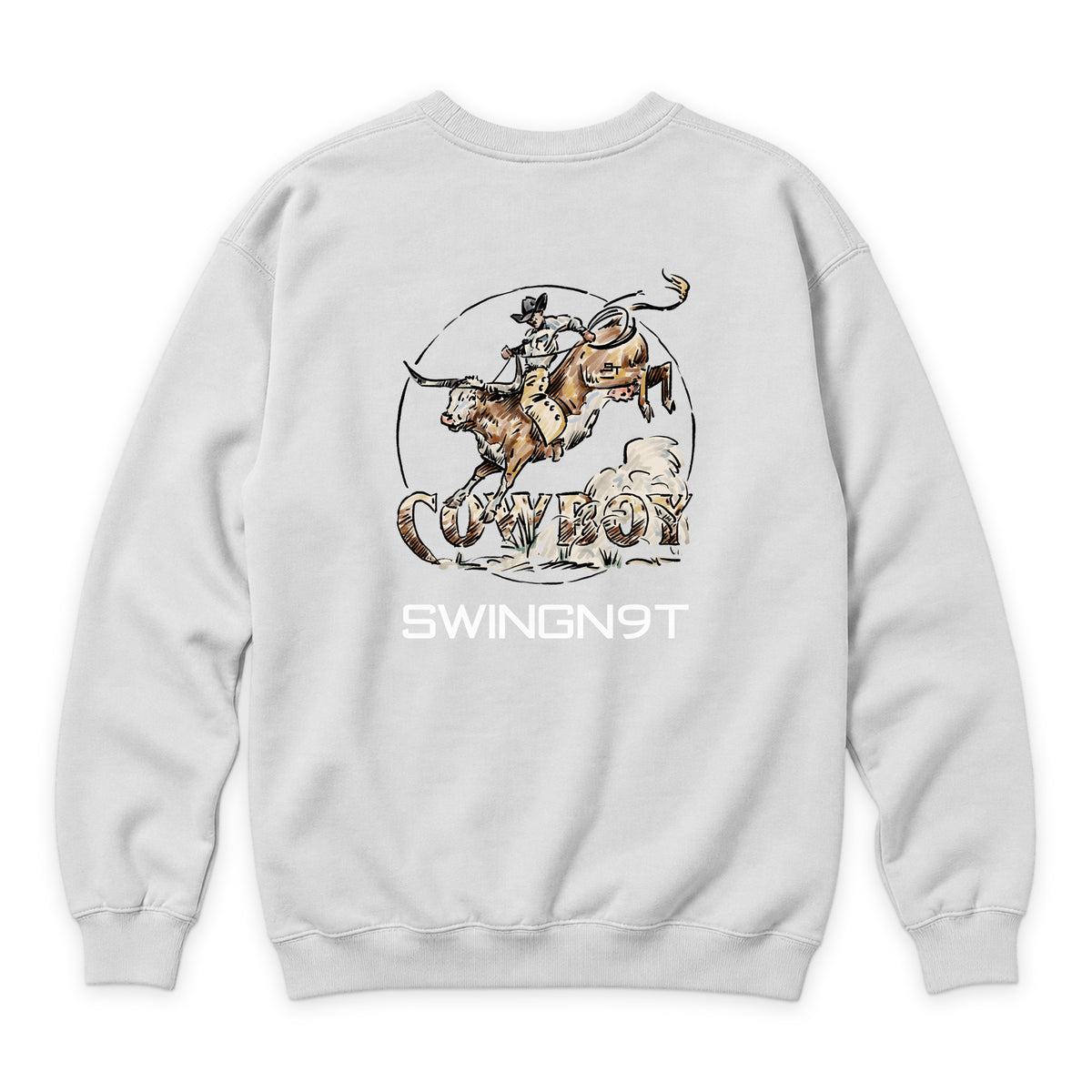 Cowboy Branded Crewneck — White — back view on white