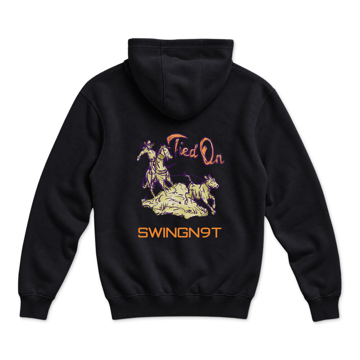 Tied On Branded Hoodie — Black — back view on white