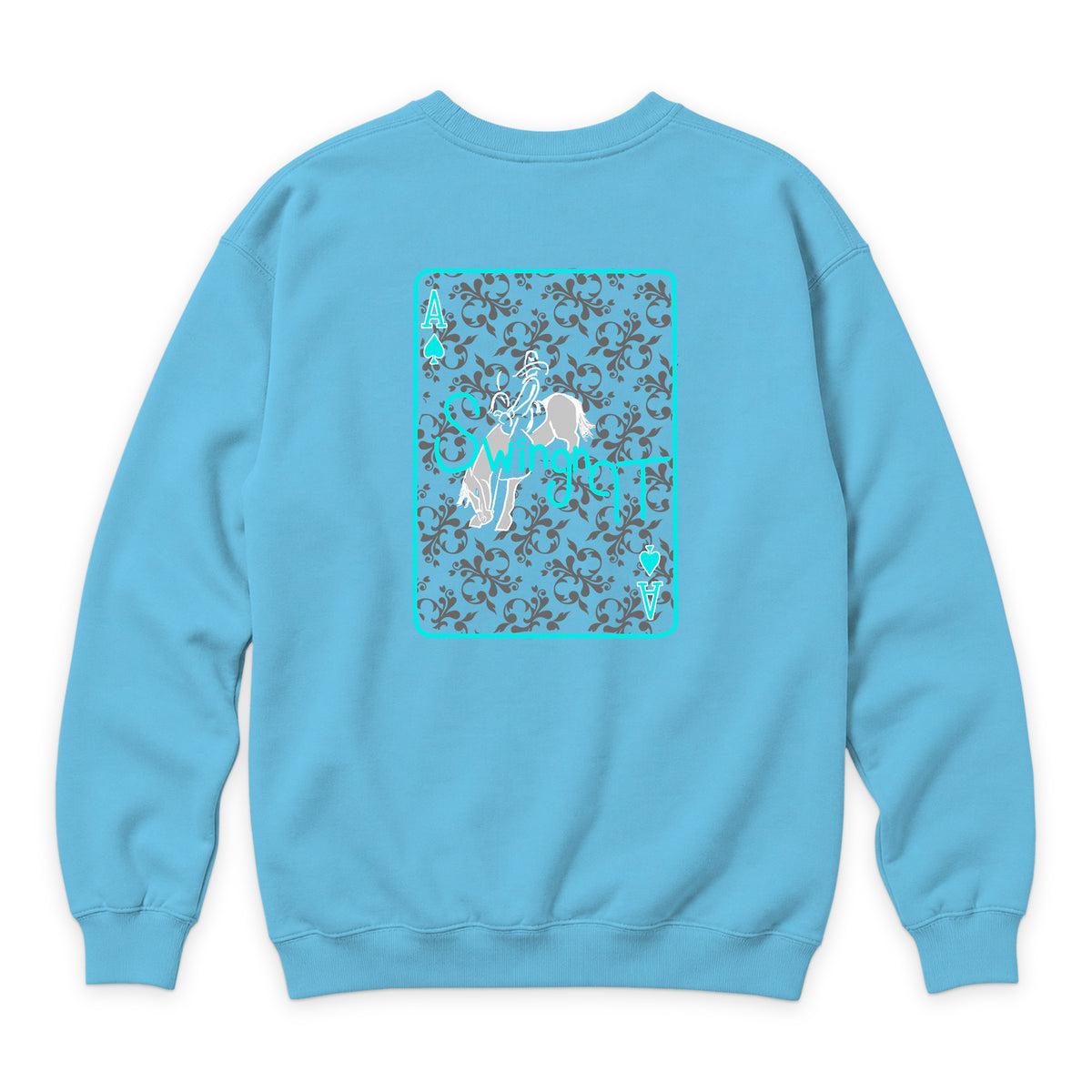 Ace of Spades Crewneck — Ocean Blue — back view on white
