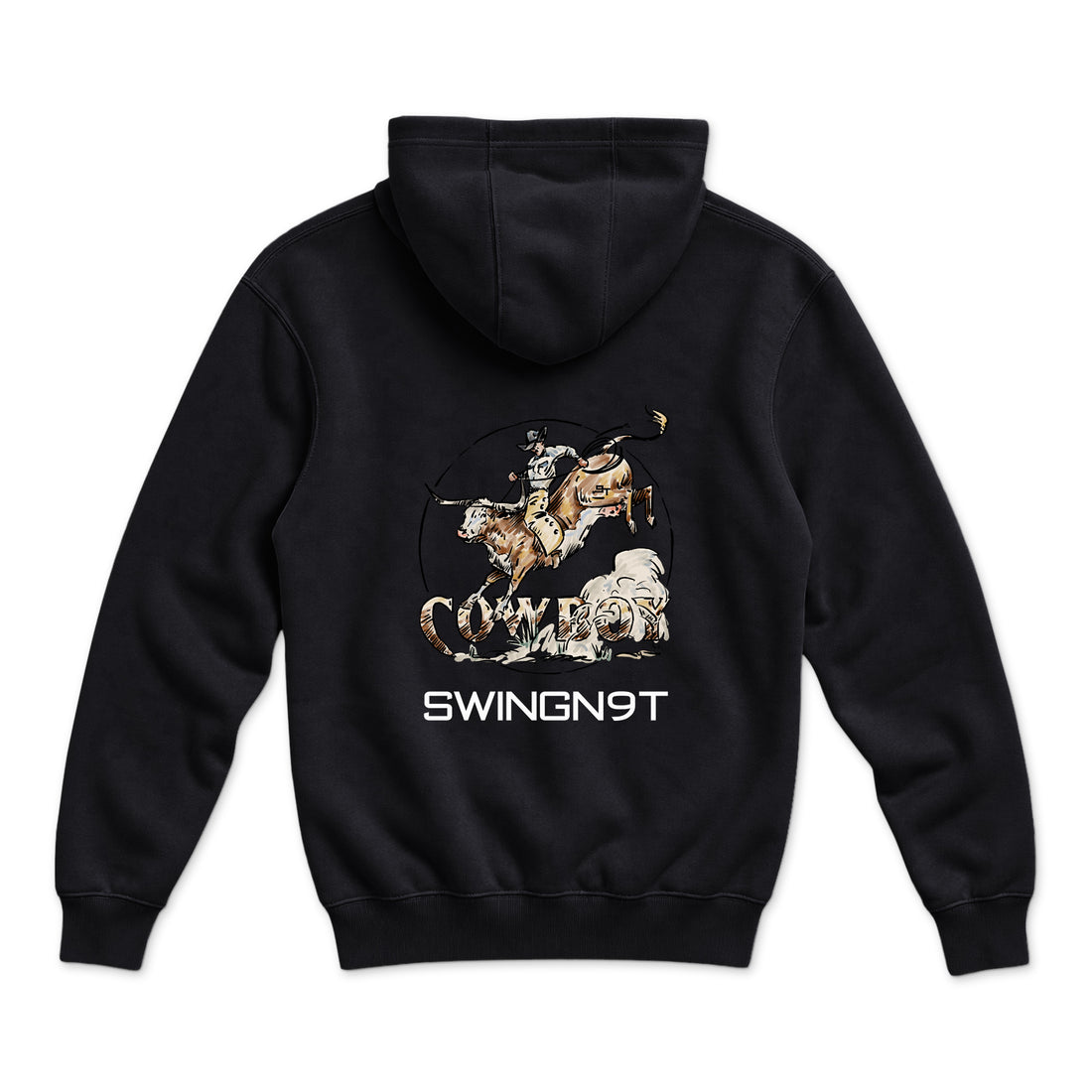 Cowboy Branded Hoodie — Black — back view on white