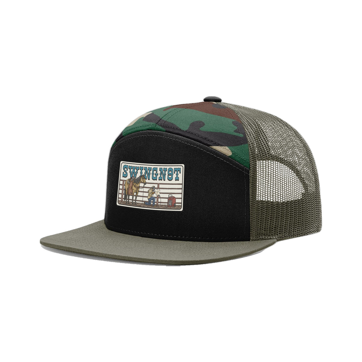 Welder Patch Richardson 168 Hat / Black/Green Camo/Loden / angle on white