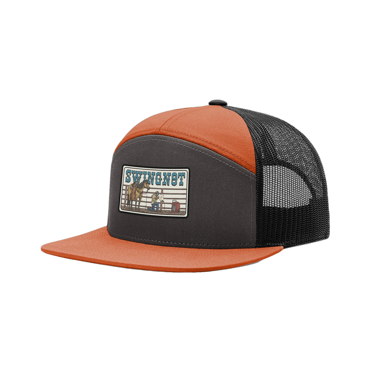 Welder Patch Richardson 168 Hat / Charcoal/Burnt Orange/Black / angle on white