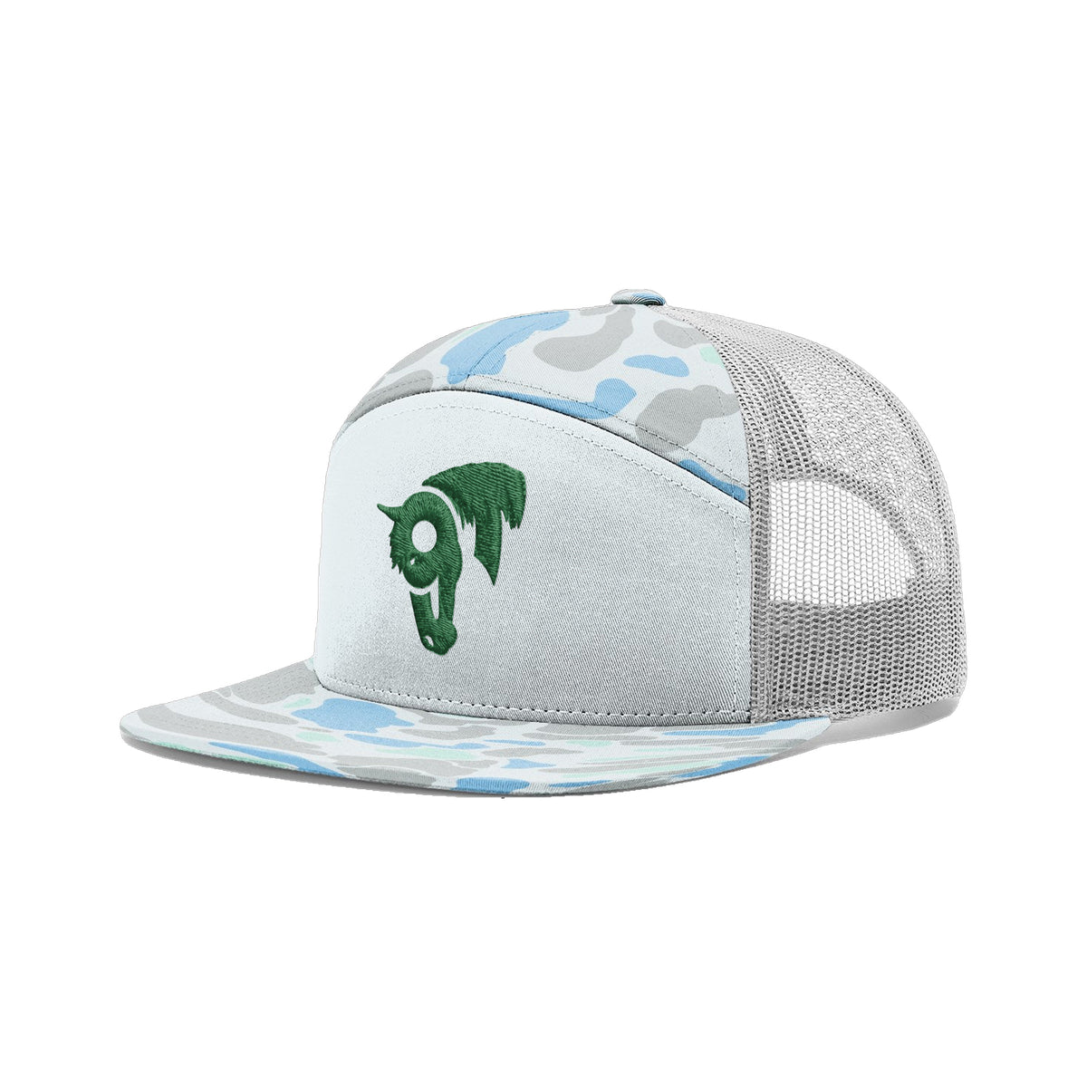 9T Horse Richardson 168 Hat / Blue Duck Camo / Dark Green / angle on white