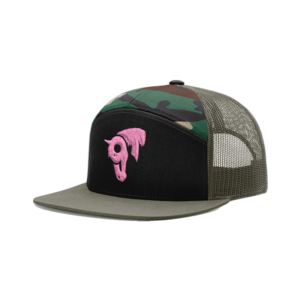 9T Horse Richardson 168 Hat / Black/Green Camo/Loden / Pink / angle on white