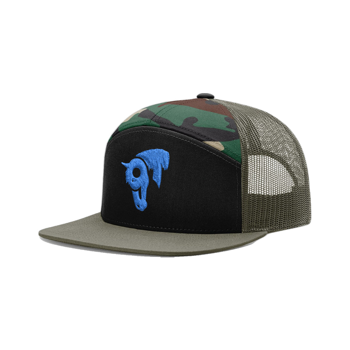 9T Horse Richardson 168 Hat / Black/Green Camo/Loden / Blue / angle on white