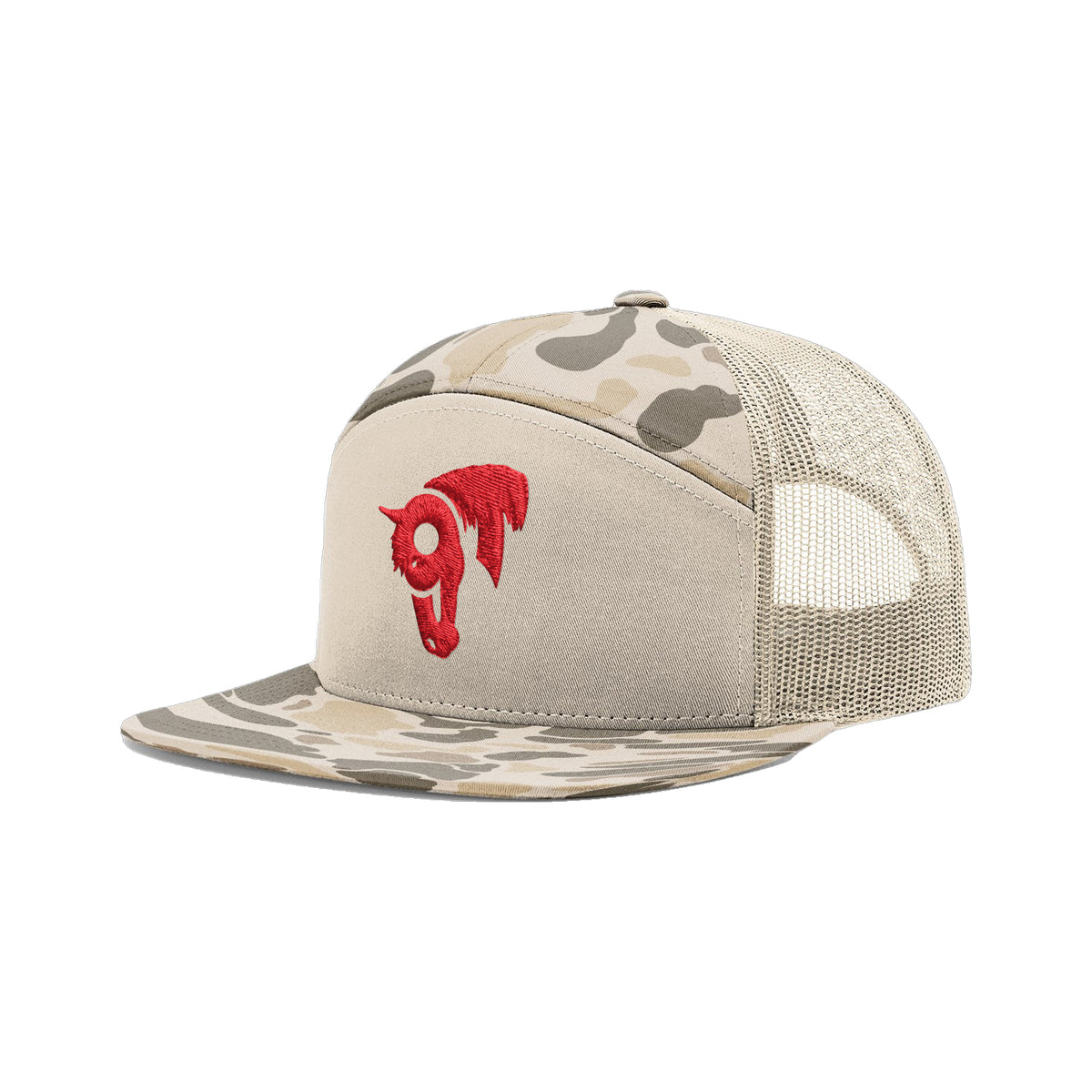 9T Horse Richardson 168 Hat / Brown Duck Camo / Red / angle on white