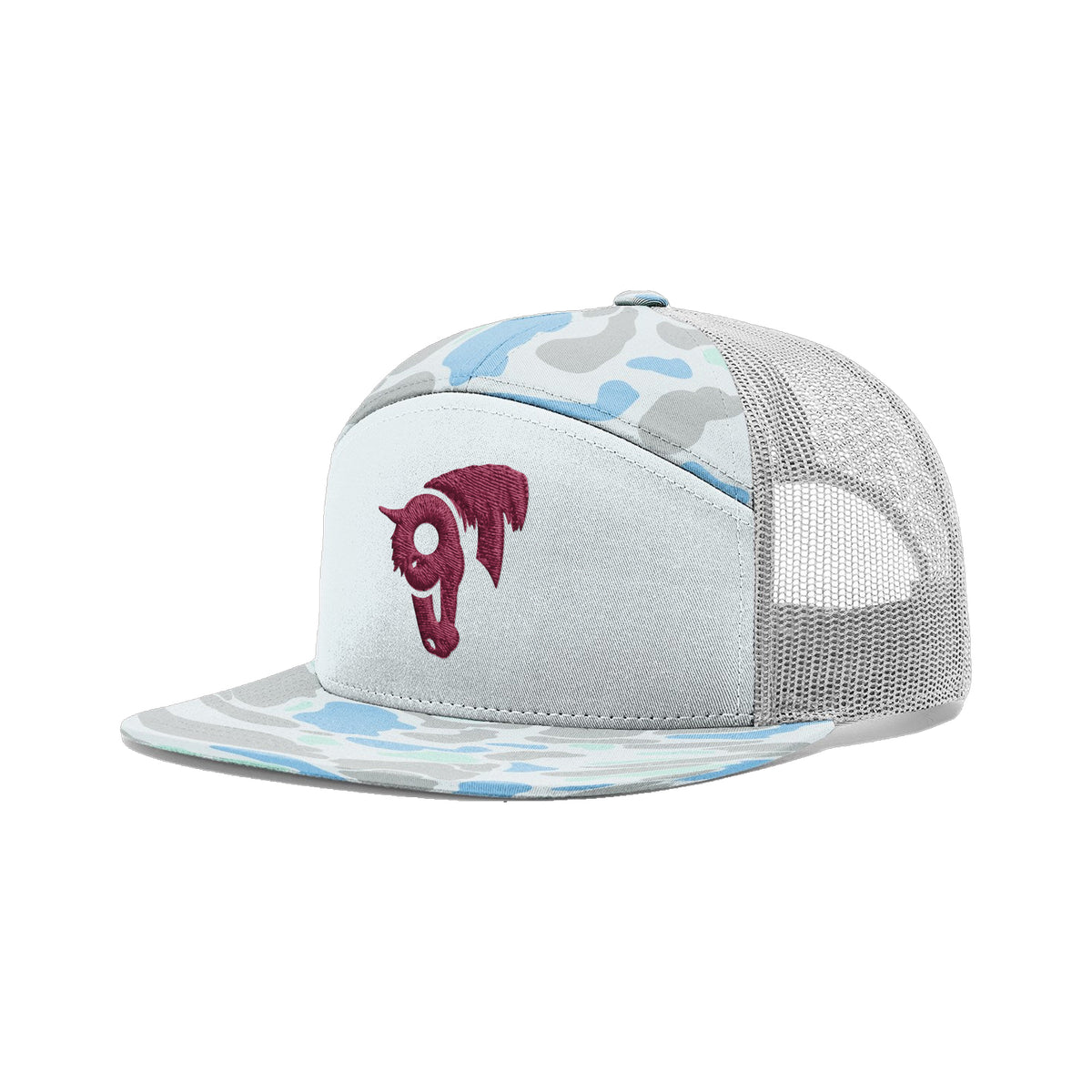 9T Horse Richardson 168 Hat / Blue Duck Camo / Maroon / angle on white