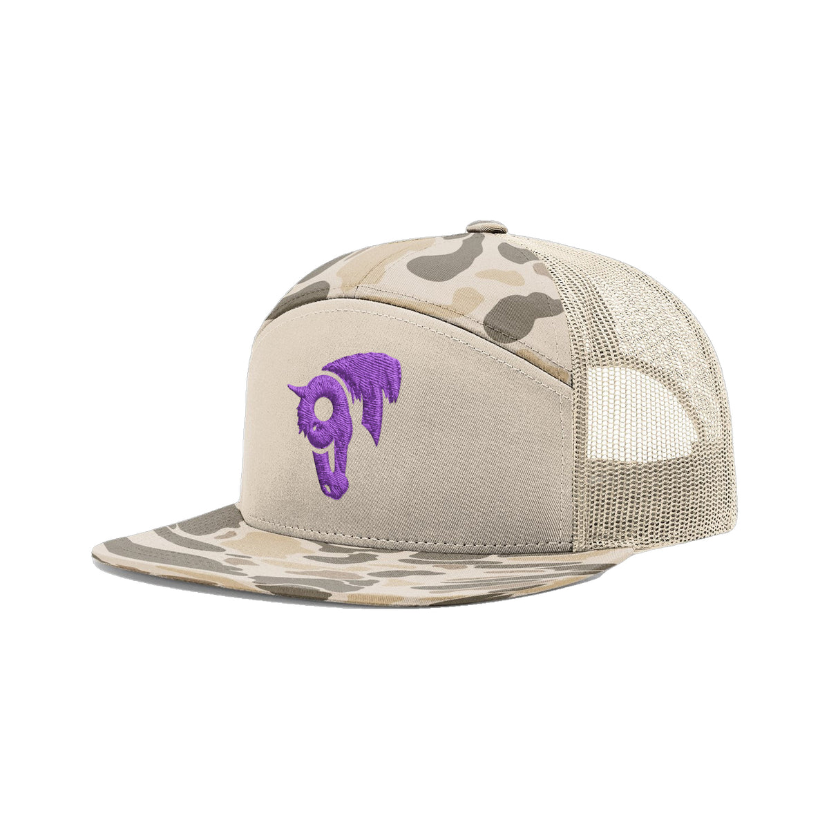 9T Horse Richardson 168 Hat / Brown Duck Camo / Purple / angle on white