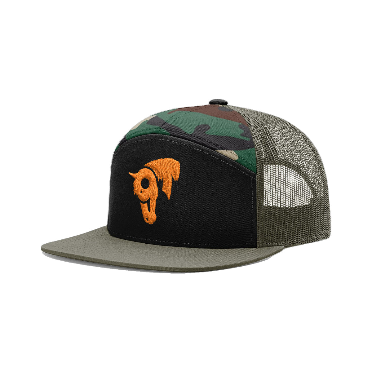 9T Horse Richardson 168 Hat / Black/Green Camo/Loden / Orange / angle on white