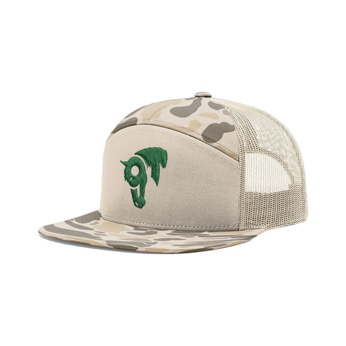9T Horse Richardson 168 Hat / Brown Duck Camo / Dark Green / angle on white