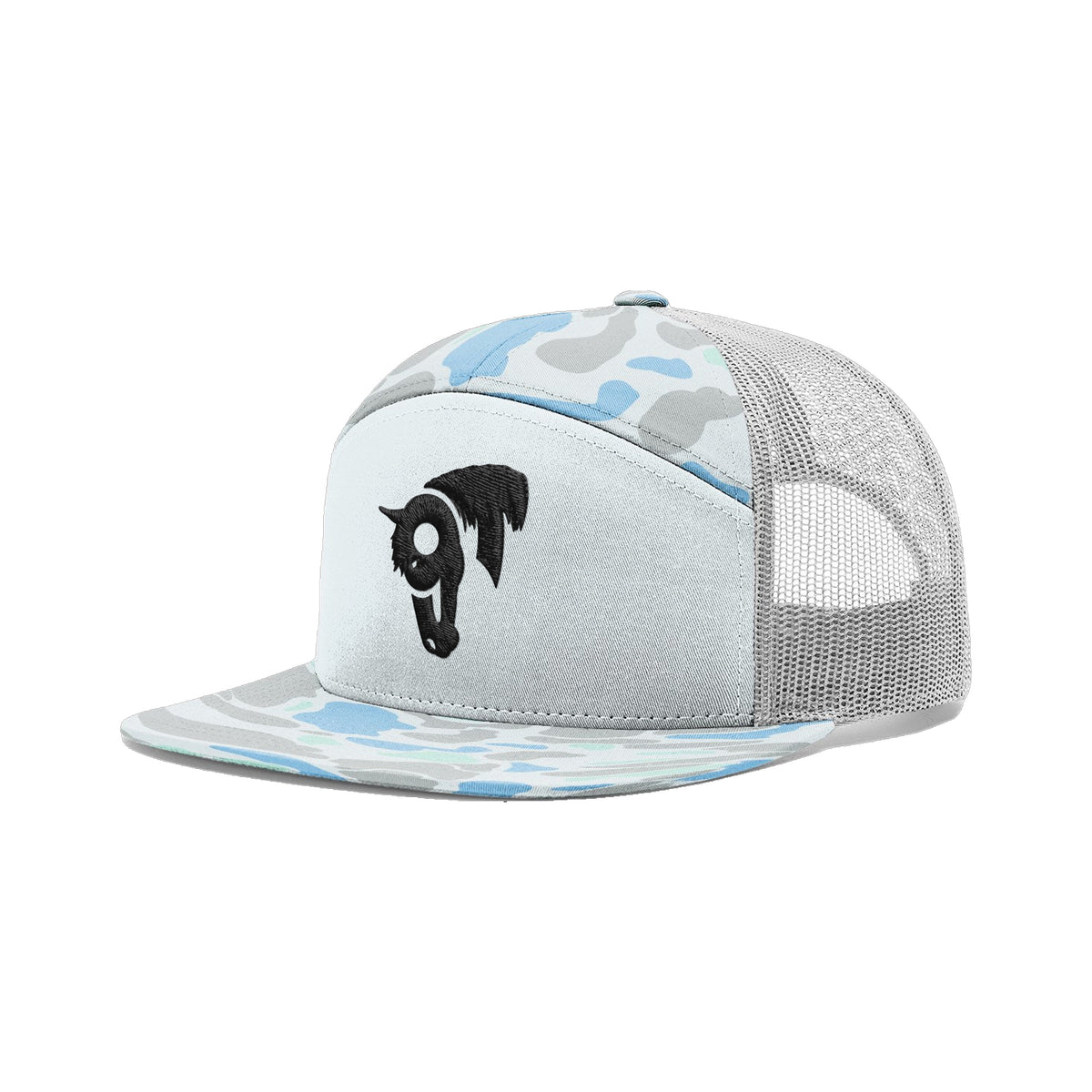 9T Horse Richardson 168 Hat / Blue Duck Camo / Black / angle on white