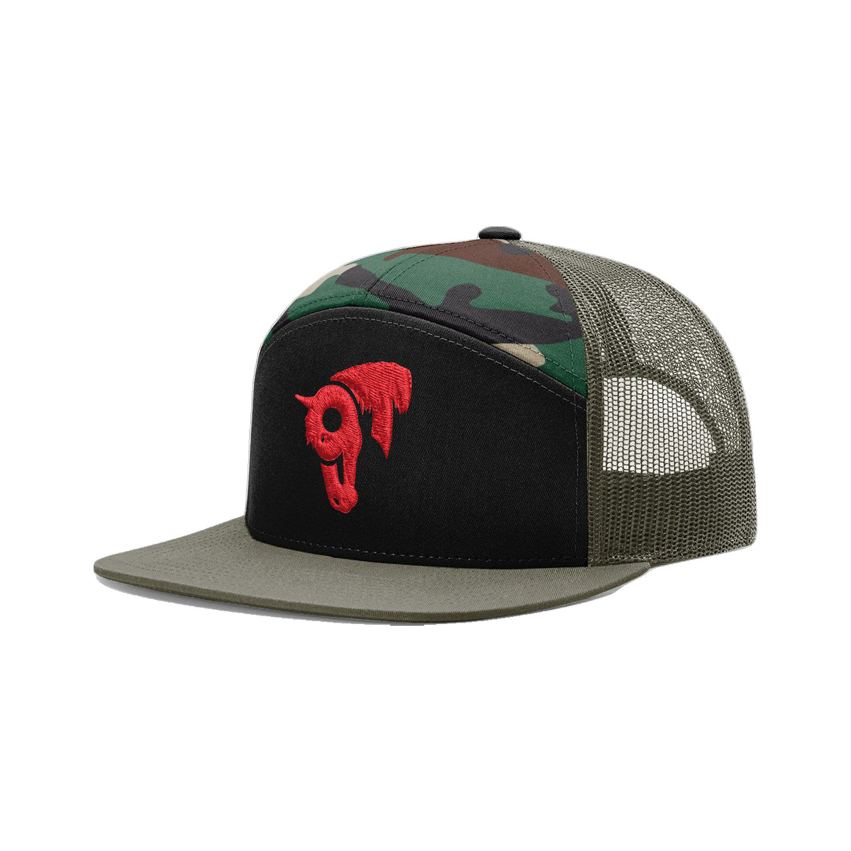 9T Horse Richardson 168 Hat / Black/Green Camo/Loden / Red / angle on white
