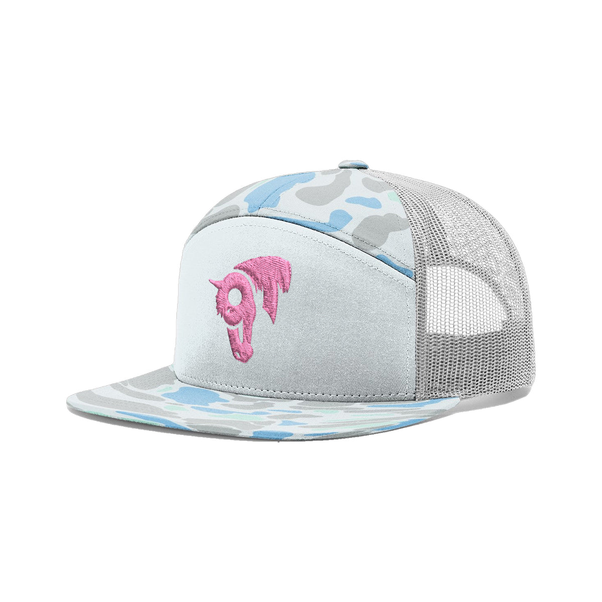 9T Horse Richardson 168 Hat / Blue Duck Camo / Pink / angle on white