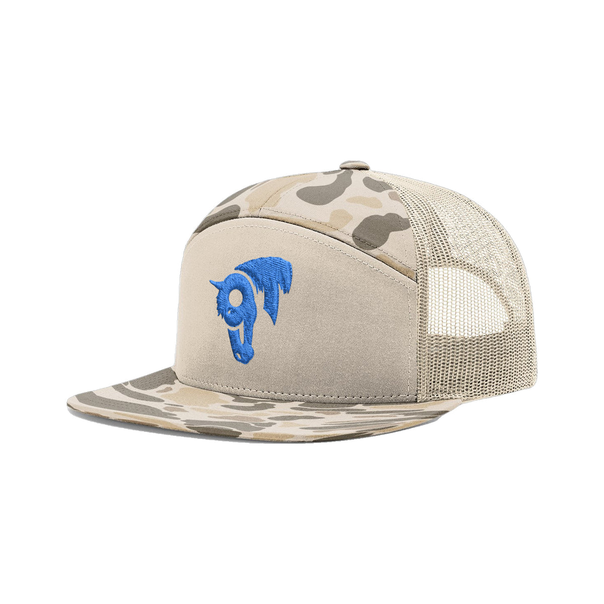 9T Horse Richardson 168 Hat / Brown Duck Camo / Blue / angle on white